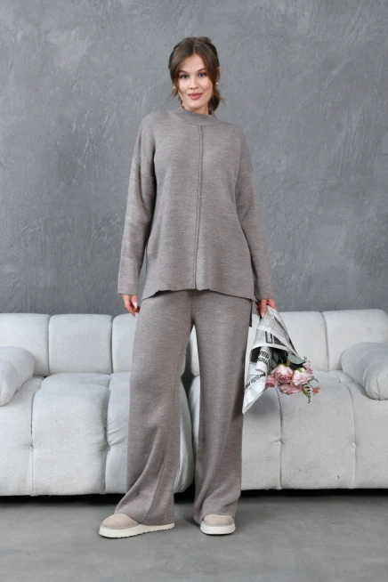 kadın dik yaka yırtmaçlı kazak pantolon triko alt-üst takım 