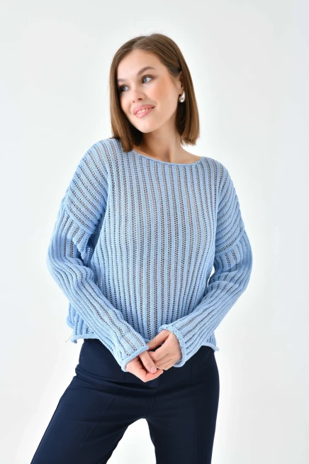 Kadın Geniş Yaka Örgü Detay Oversize Triko Kazak