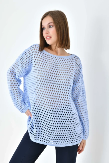 Kadın Kayık Yaka Örgü Detay Oversize Triko Kazak