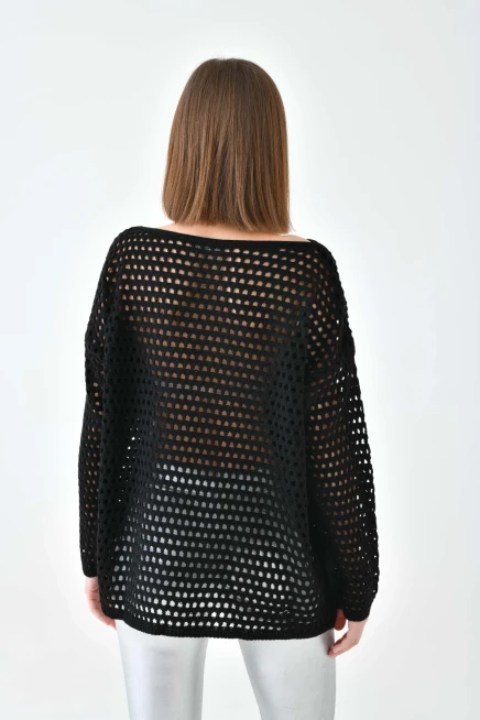 Kadın Kayık Yaka Örgü Detay Oversize Triko Kazak