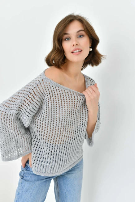 Kadın Kayık Yaka Örgü Detay Oversize Triko Kazak