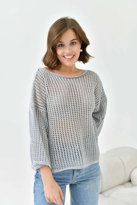 Kadın Kayık Yaka Örgü Detay Oversize Triko Kazak