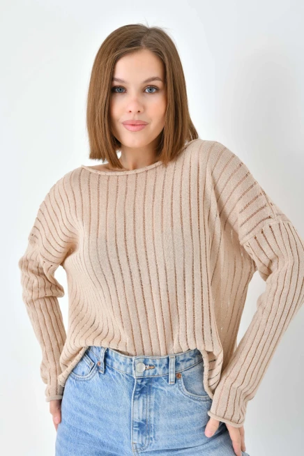 Kadın Kayık Yaka Örgü Detay Salaş Triko Kazak