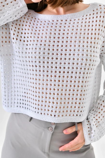 Kadın Kayık Yaka Örgü Detay Simli Crop Triko Kazak