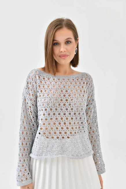 Kadın Kayık Yaka Örgü Detay Triko Kazak