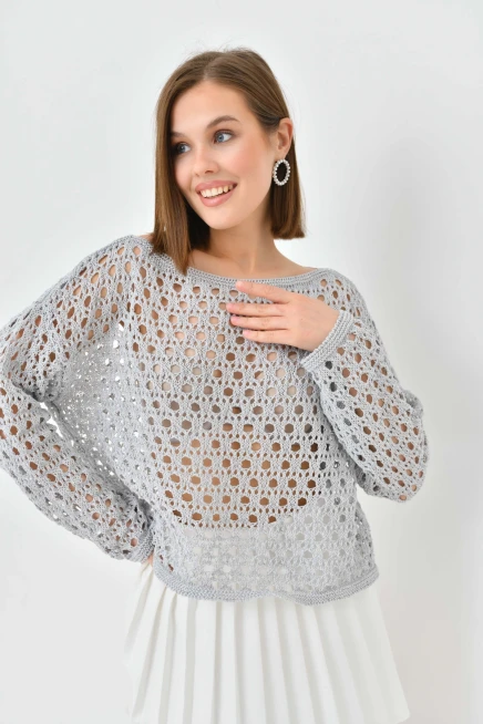 Kadın Kayık Yaka Örgü Detay Triko Kazak