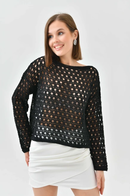 Kadın Kayık Yaka Örgü Detay Triko Kazak