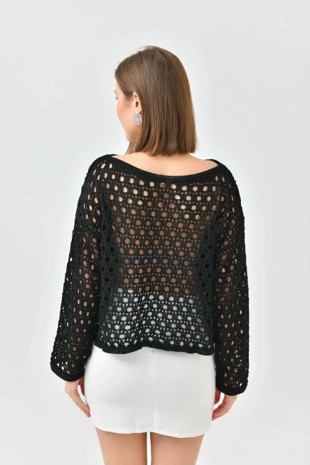 Kadın Kayık Yaka Örgü Detay Triko Kazak