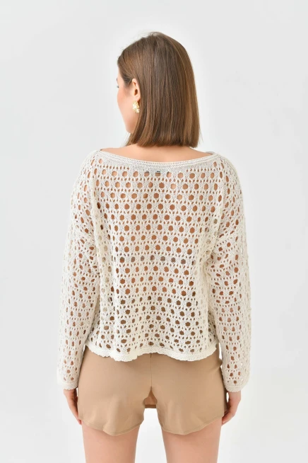 Kadın Kayık Yaka Örgü Detay Triko Kazak