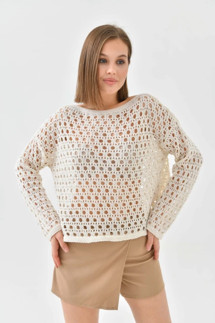 Kadın Kayık Yaka Örgü Detay Triko Kazak