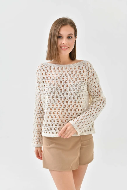 Kadın Kayık Yaka Örgü Detay Triko Kazak