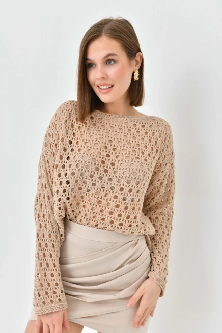 Kadın Kayık Yaka Örgü Detay Triko Kazak