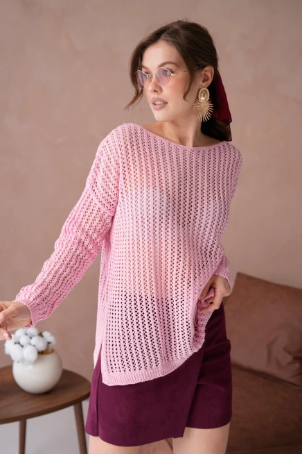 Kadın Kayık Yaka Örgü Detay Yırtmaçlı Triko Kazak