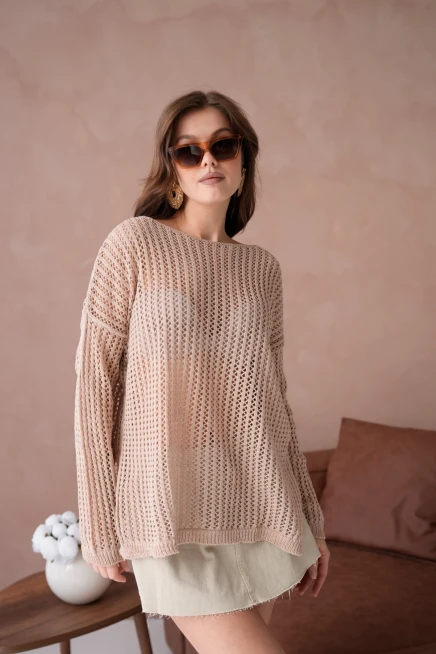 Kadın Kayık Yaka Örgü Detay Yırtmaçlı Triko Kazak