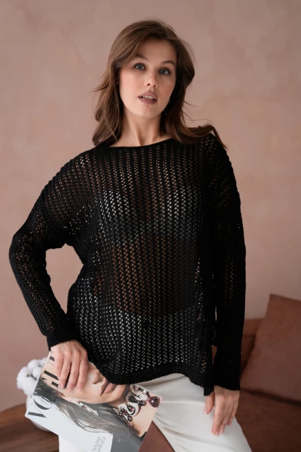 Kadın Kayık Yaka Örgü Detay Yırtmaçlı Triko Kazak