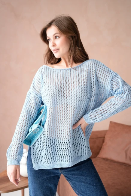 Kadın Kayık Yaka Örgü Detay Yırtmaçlı Triko Kazak