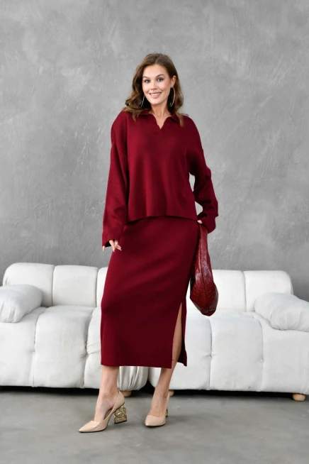 Kadın Polo Yaka Yarım Pat Oversize Kazak Pantolon Triko Alt-Üst Takım