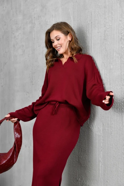 Kadın Polo Yaka Yarım Pat Oversize Kazak Pantolon Triko Alt-Üst Takım