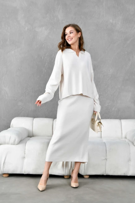 Kadın Polo Yaka Yarım Pat Oversize Kazak Pantolon Triko Alt-Üst Takım