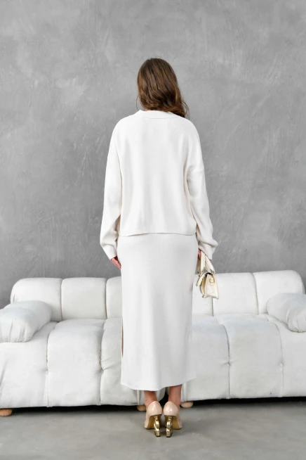 Kadın Polo Yaka Yarım Pat Oversize Kazak Pantolon Triko Alt-Üst Takım