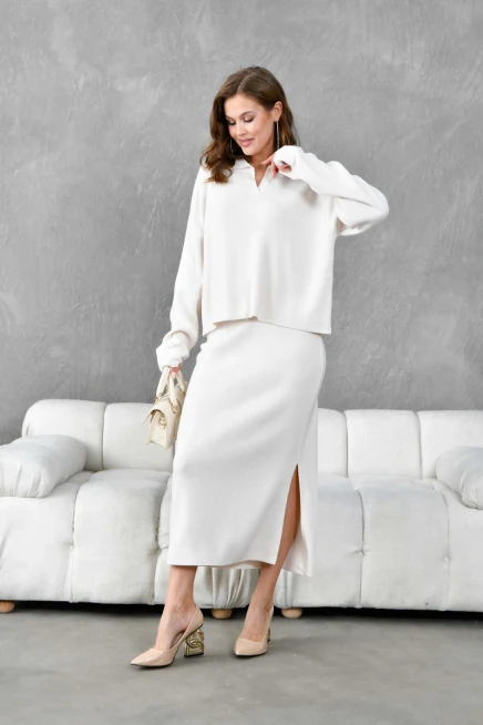 Kadın Polo Yaka Yarım Pat Oversize Kazak Pantolon Triko Alt-Üst Takım