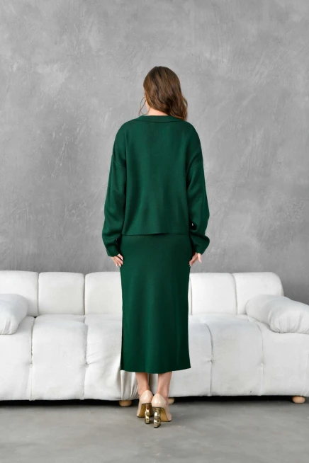 Kadın Polo Yaka Yarım Pat Oversize Kazak Pantolon Triko Alt-Üst Takım