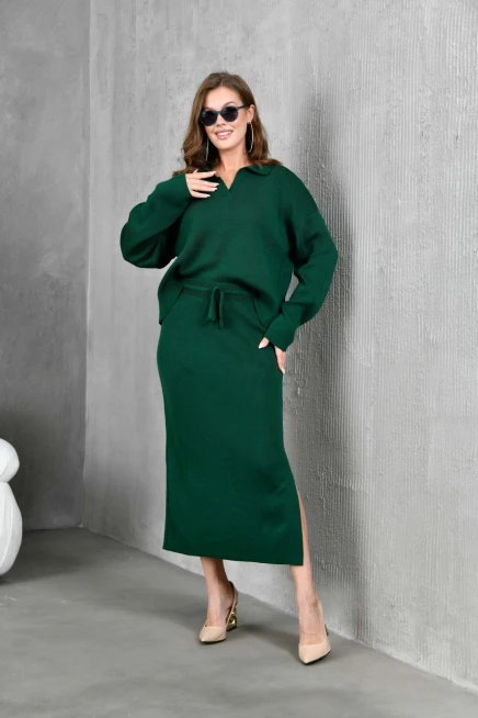 Kadın Polo Yaka Yarım Pat Oversize Kazak Pantolon Triko Alt-Üst Takım