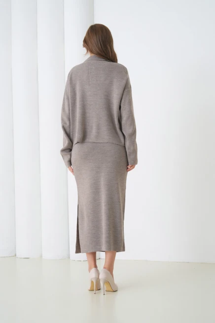 Kadın Polo Yaka Yarım Pat Oversize Kazak Pantolon Triko Alt-Üst Takım