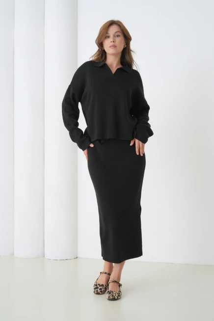 Kadın Polo Yaka Yarım Pat Oversize Kazak Pantolon Triko Alt-Üst Takım