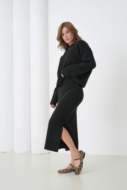 Kadın Polo Yaka Yarım Pat Oversize Kazak Pantolon Triko Alt-Üst Takım