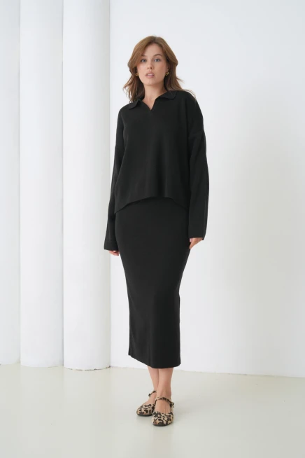 Kadın Polo Yaka Yarım Pat Oversize Kazak Pantolon Triko Alt-Üst Takım