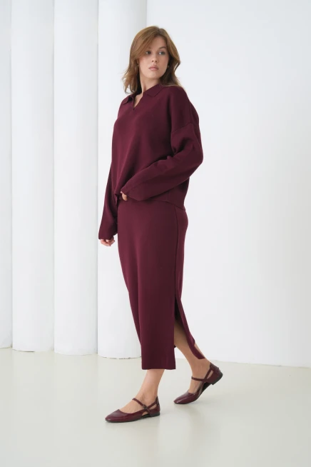 Kadın Polo Yaka Yarım Pat Oversize Kazak Pantolon Triko Alt-Üst Takım