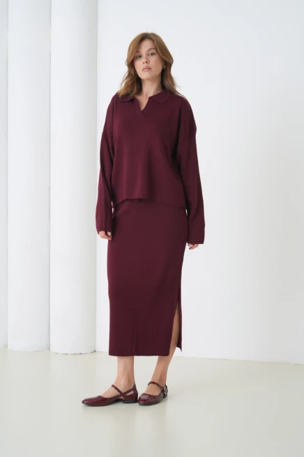 Kadın Polo Yaka Yarım Pat Oversize Kazak Pantolon Triko Alt-Üst Takım