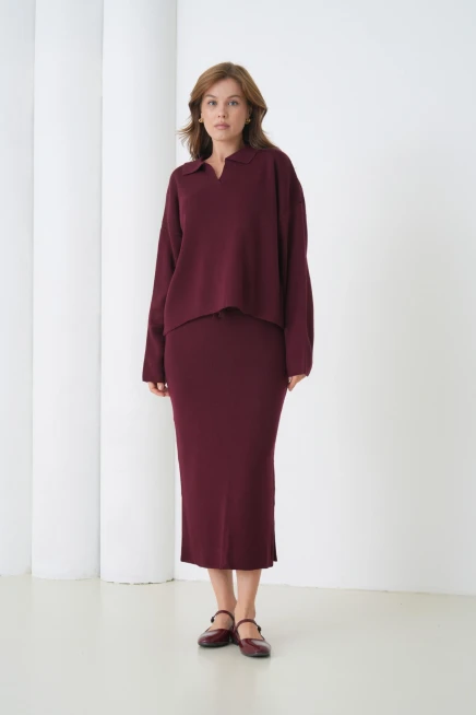 Kadın Polo Yaka Yarım Pat Oversize Kazak Pantolon Triko Alt-Üst Takım