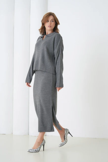 Kadın Polo Yaka Yarım Pat Oversize Kazak Pantolon Triko Alt-Üst Takım