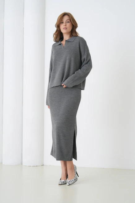 Kadın Polo Yaka Yarım Pat Oversize Kazak Pantolon Triko Alt-Üst Takım