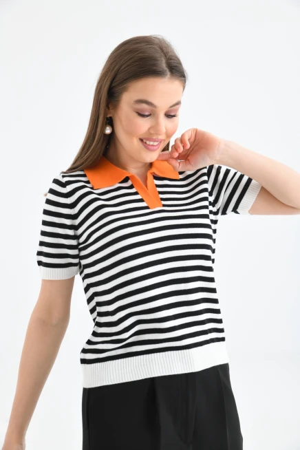 Kadın Polo Yaka Çizgili Triko Kazak