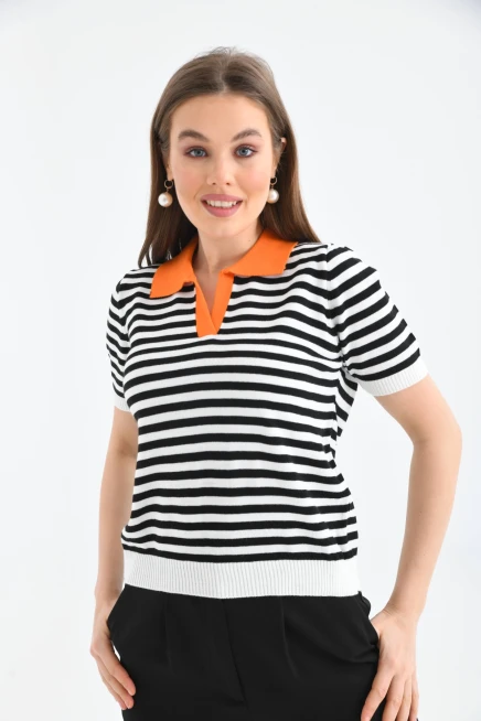 Kadın Polo Yaka Çizgili Triko Kazak