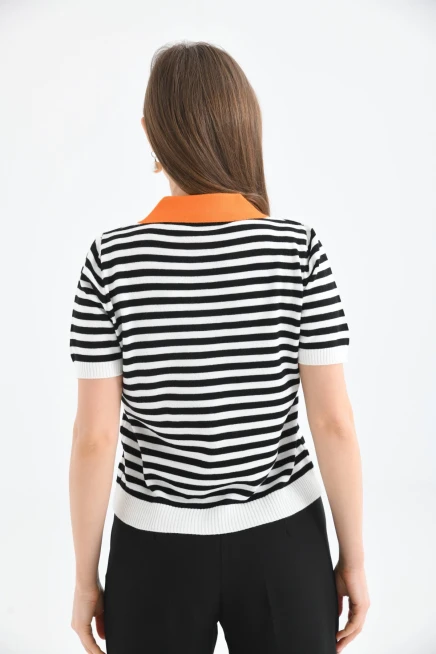Kadın Polo Yaka Çizgili Triko Kazak