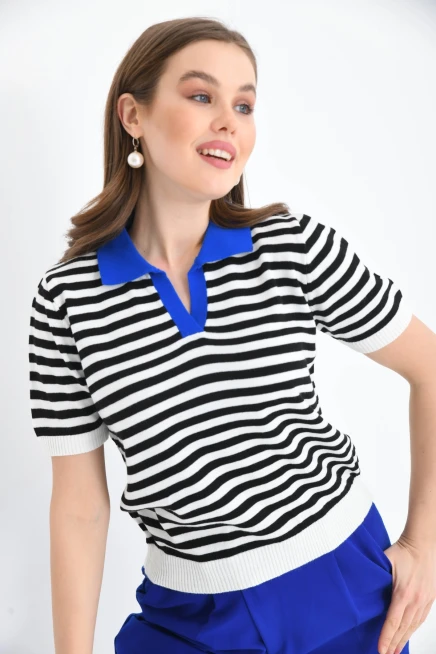 Kadın Polo Yaka Çizgili Triko Kazak