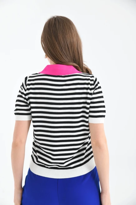 Kadın Polo Yaka Çizgili Triko Kazak