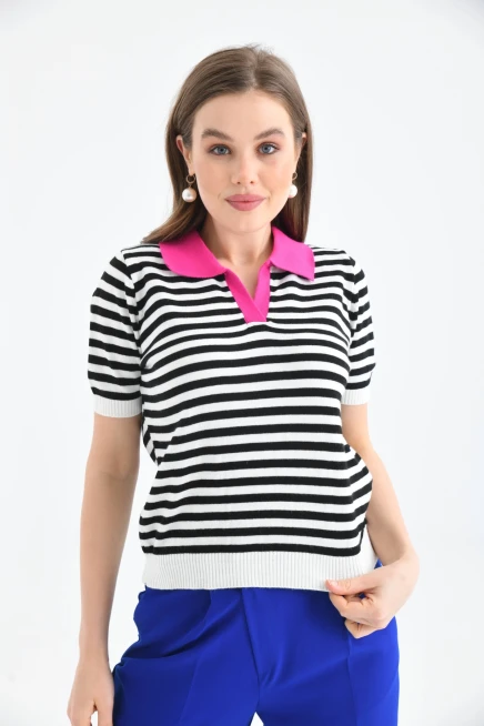 Kadın Polo Yaka Çizgili Triko Kazak