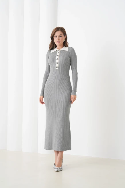 Kadın Polo Yaka Düğme Detay Kaşkorse Uzun Triko Elbise