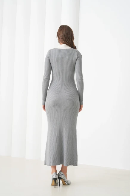 Kadın Polo Yaka Düğme Detay Kaşkorse Uzun Triko Elbise