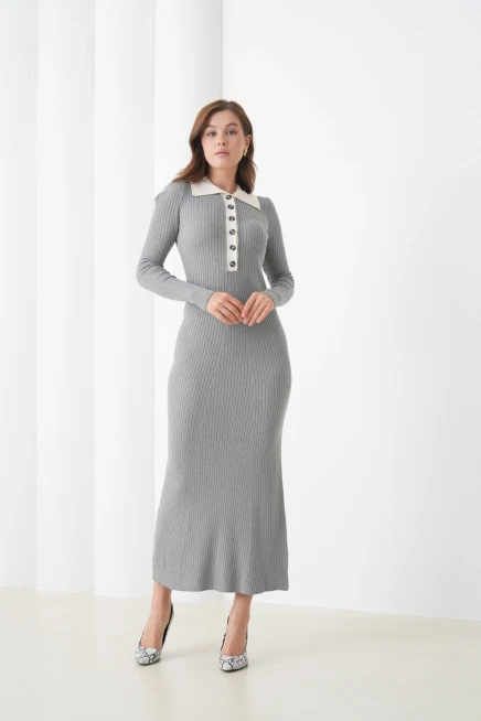 Kadın Polo Yaka Düğme Detay Kaşkorse Uzun Triko Elbise