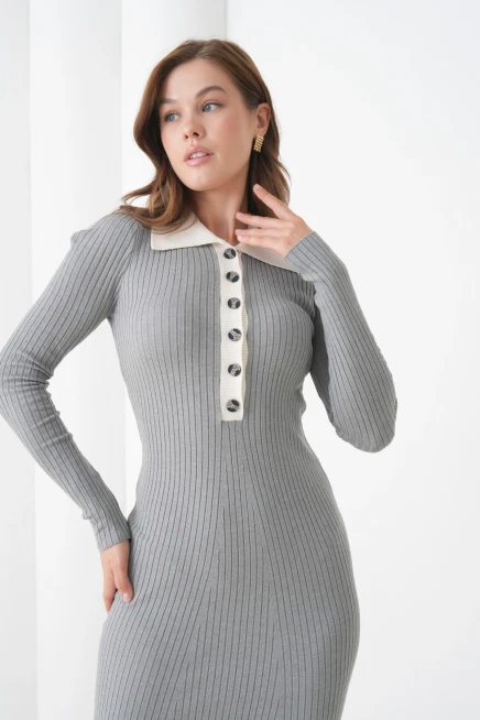 Kadın Polo Yaka Düğme Detay Kaşkorse Uzun Triko Elbise