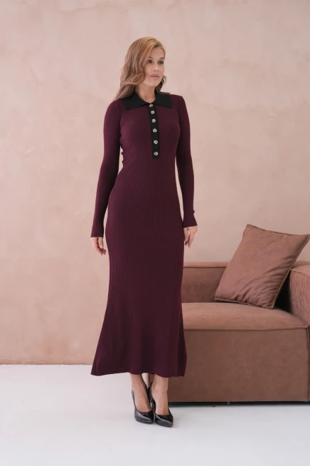 Kadın Polo Yaka Düğme Detay Kaşkorse Uzun Triko Elbise