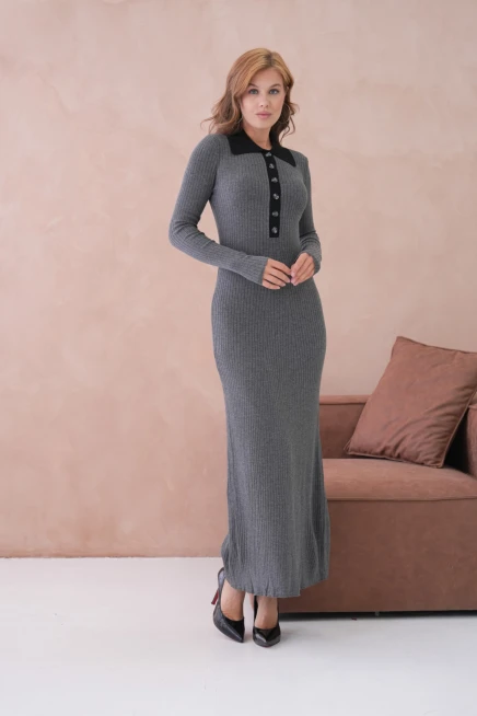 Kadın Polo Yaka Düğme Detay Kaşkorse Uzun Triko Elbise