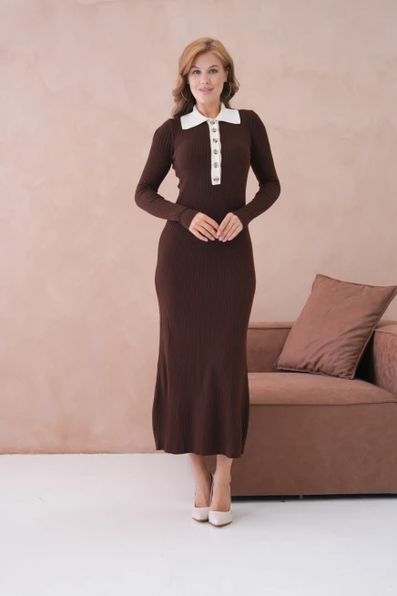 Kadın Polo Yaka Düğme Detay Kaşkorse Uzun Triko Elbise