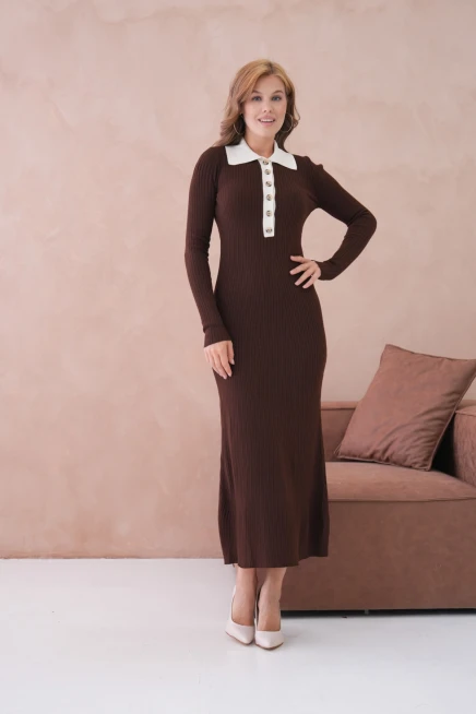 Kadın Polo Yaka Düğme Detay Kaşkorse Uzun Triko Elbise